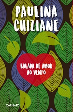 A book cover with illustrations of green leaves, the title of the book in a red heart in the centre of them.