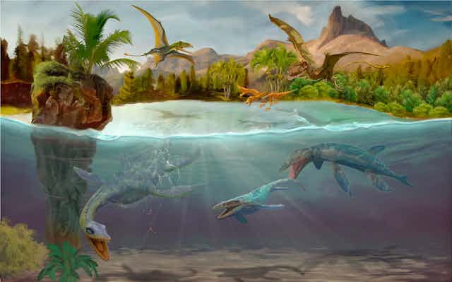Illustration of flying and swimming dinosaurs