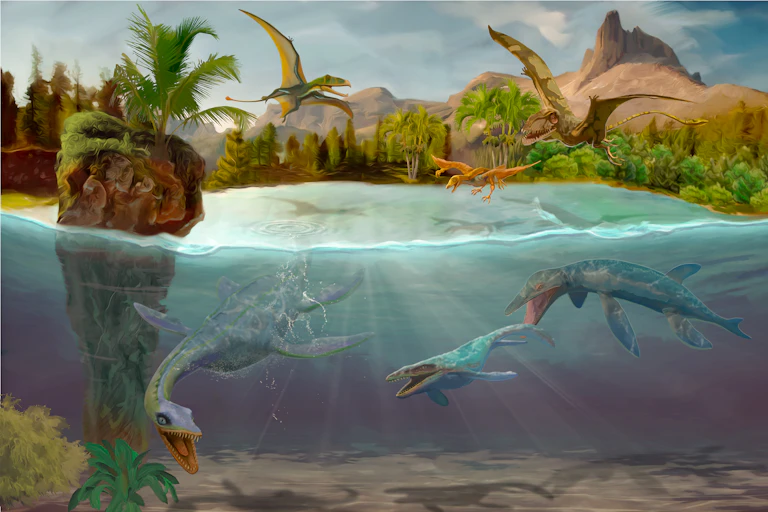 Illustration of flying and swimming dinosaurs