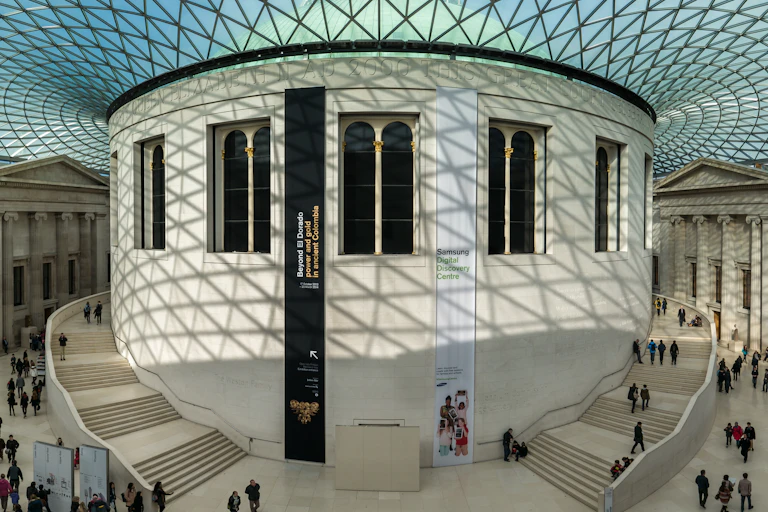 Interior of the British Museum with glass roof.