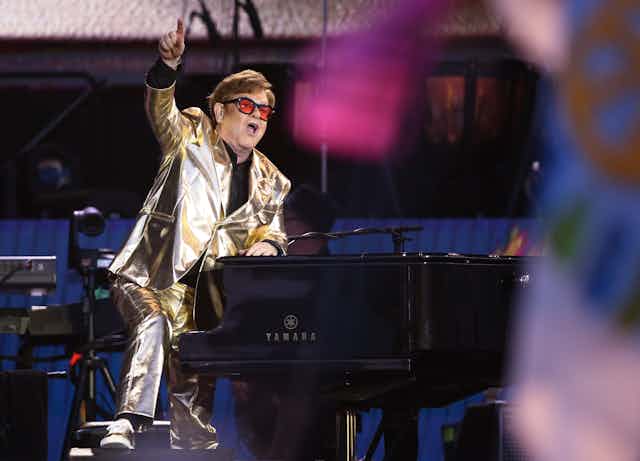 Elton John performing at Glastonbury.