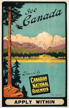 A tourism poster showing mountains.