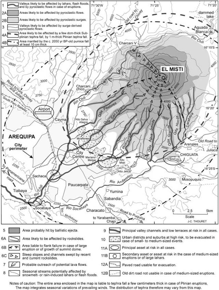 Scientific mapping of the area around El Misti -- detailing areas most at risk for various types of volcanic destruction.