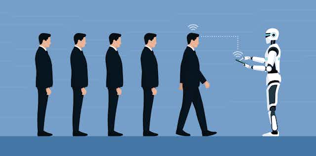 an illustration showing five men in business suits standing in line in front of a humanoid robot that is touching a handheld device