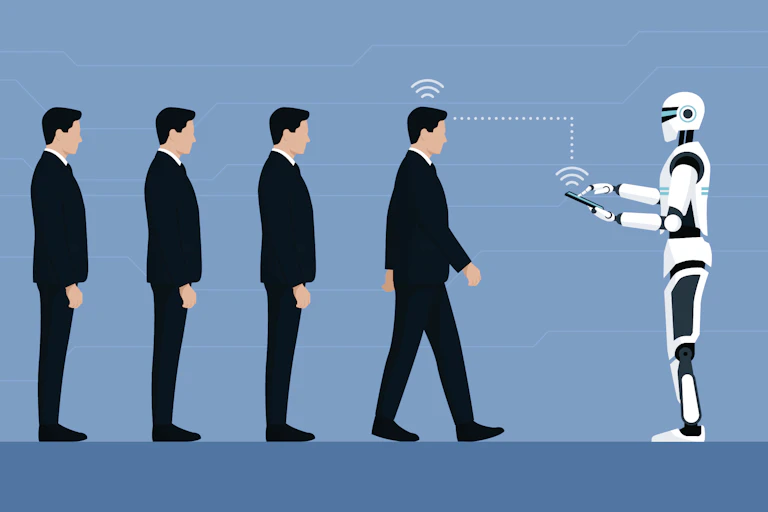 an illustration showing five men in business suits standing in line in front of a humanoid robot that is touching a handheld device