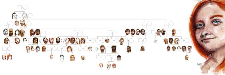 A large chart of a family tree with hand-drawn portraits