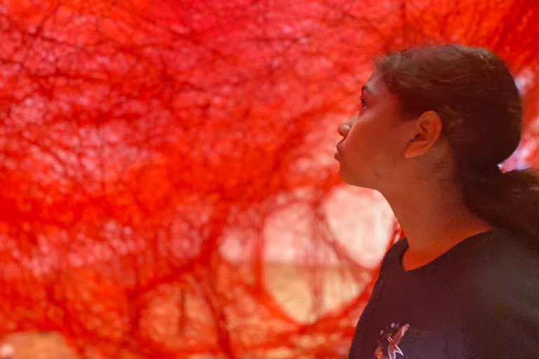 A student looks at a large red artwork.