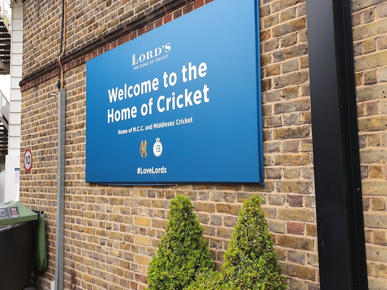 A sign at Lord's reading 'Welcome to the home of cricket'.