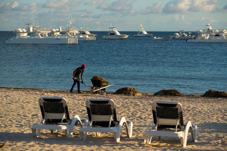 Worker clearing up the beach in the Dominican Republic
