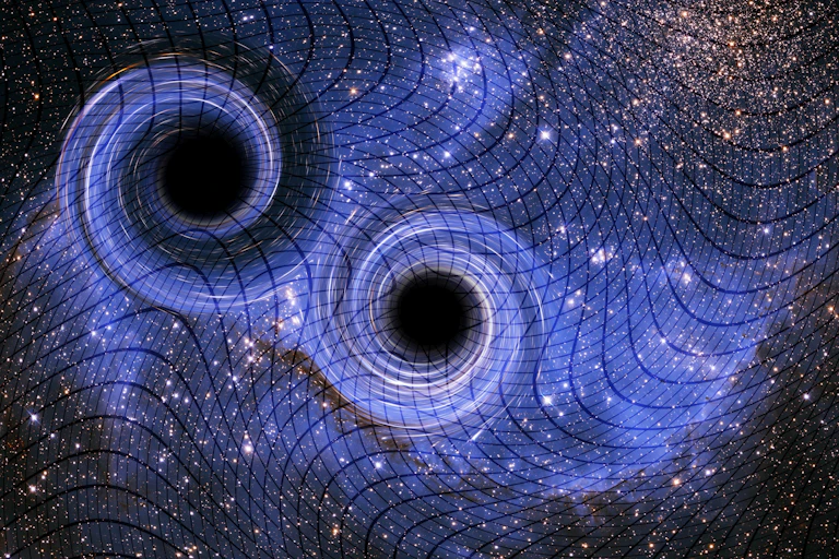 An illustration depicting two dark objects swirling around each other in space.