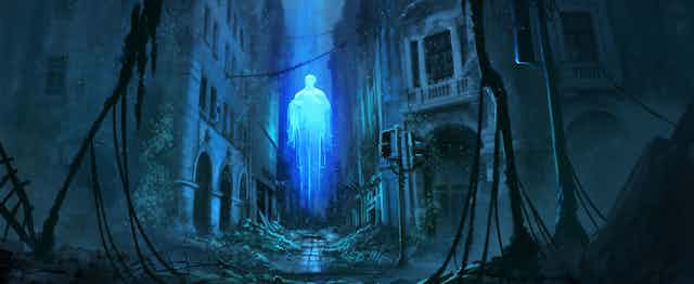 A eerily glowing figure floats between the underwater world of an old city