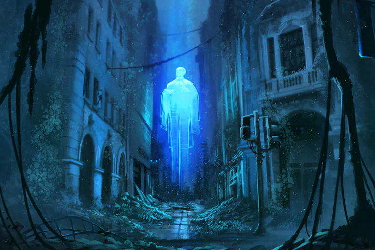 A eerily glowing figure floats between the underwater world of an old city