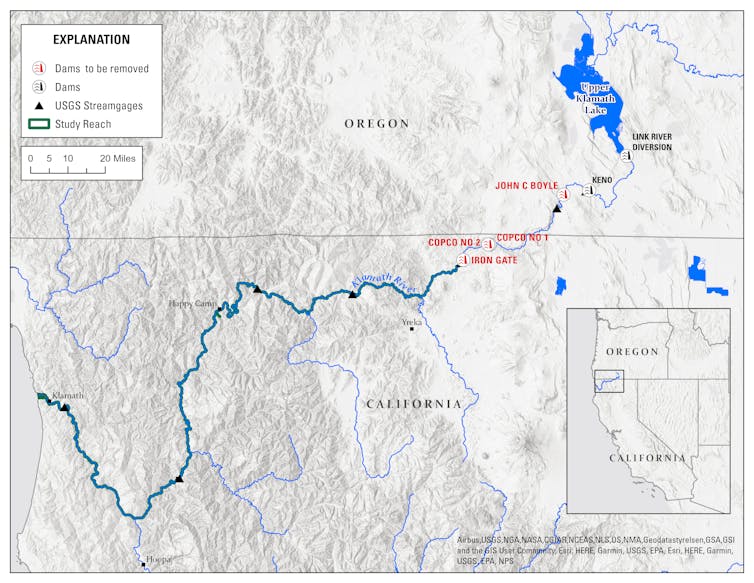 A map shows locations of the four dams on the Klamath.