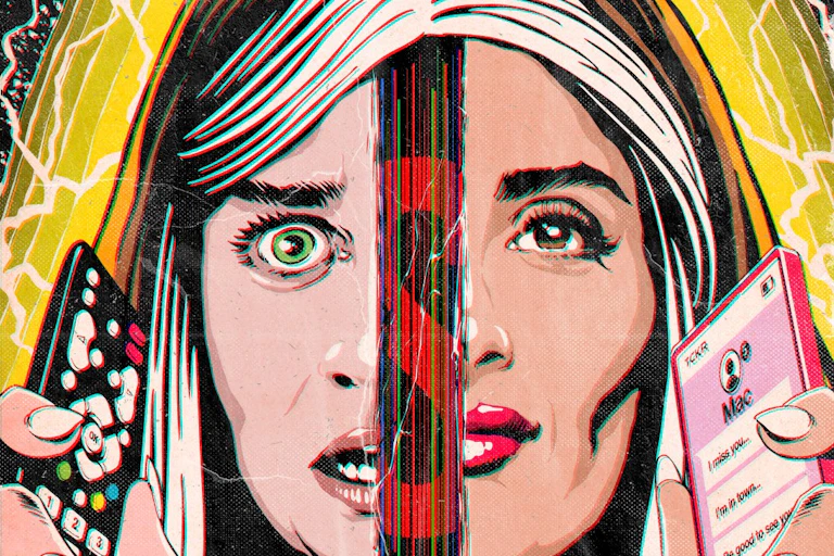 Dessin représentant une femme au visage scindé en deux