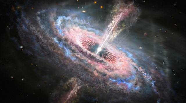 An illustration of a swirling galaxy emitting beams of radiation.