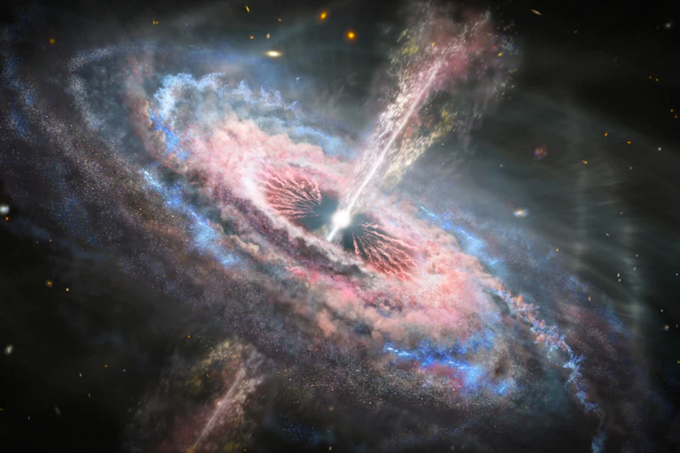 An illustration of a swirling galaxy emitting beams of radiation.