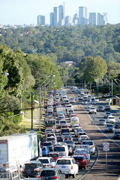 Traffic backs up along a main road into Sydney