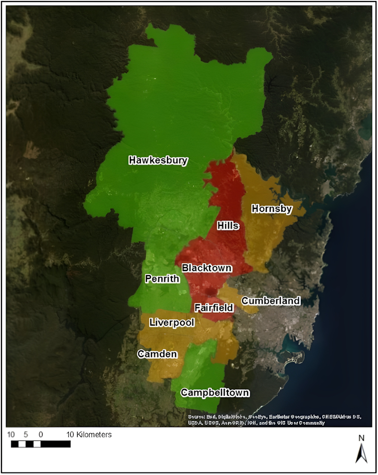 A map showing the change in western Sydney wetland surface area between 2010 and 2017 by local government area