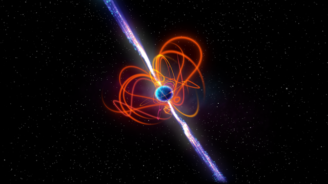 An illustration showing a blue ball in space, with two jets of radiation coming from its poles, and surrounded by looping red lines.