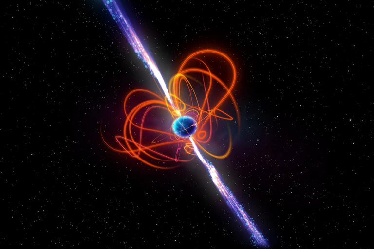 An illustration showing a blue ball in space, with two jets of radiation coming from its poles, and surrounded by looping red lines.