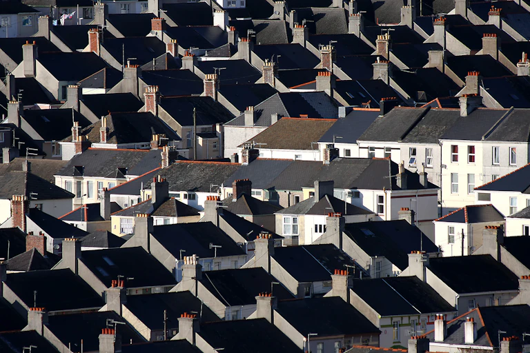 Houses in rows seen from above.