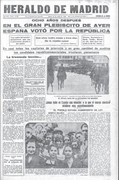 Una portada de periódico que indica que en las elecciones municipales españolas de abril de 1931 ganó la república.
