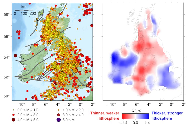 Two maps showing the location of earthquakes in Britain and Ireland on the left, and variations in lithospheric thickness on the right.