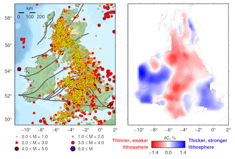 Two maps showing the location of earthquakes in Britain and Ireland on the left, and variations in lithospheric thickness on the right.