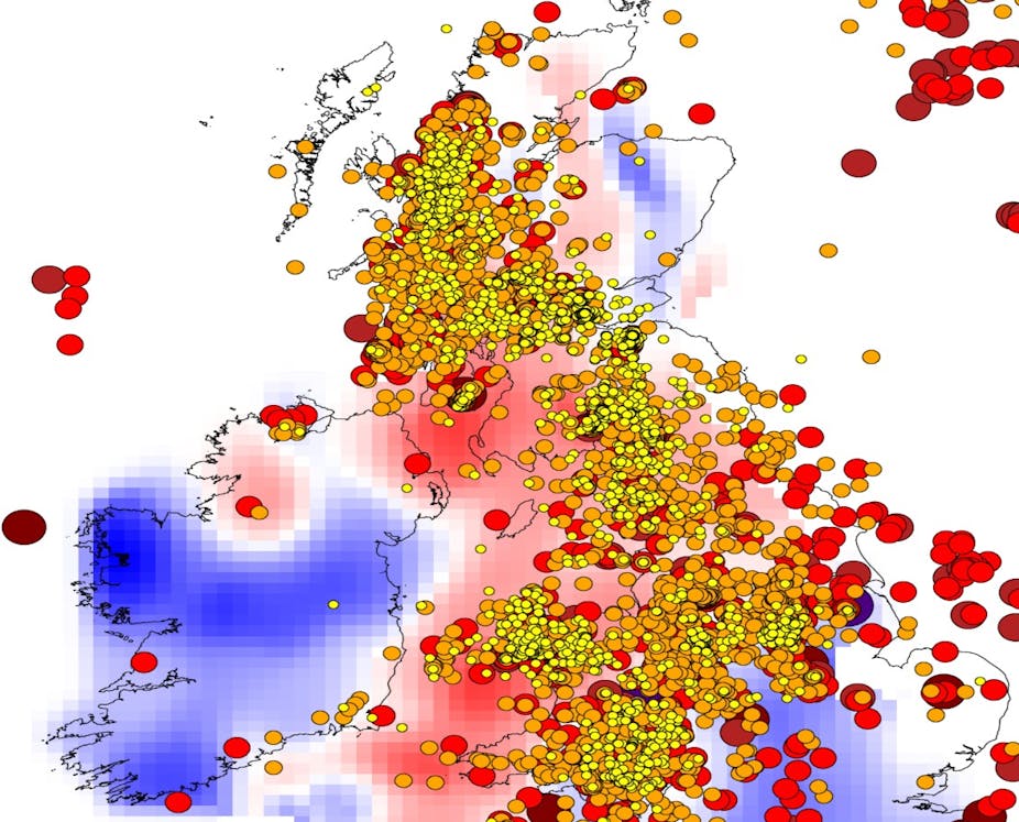 A map of Great Britain and Ireland showing the distribution of earthquakes.