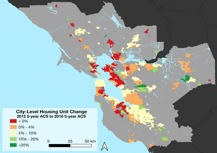 A map shows little change near the city and more housing added over the mountains to the east and down a valley to the south of San Jose and San Francisco.