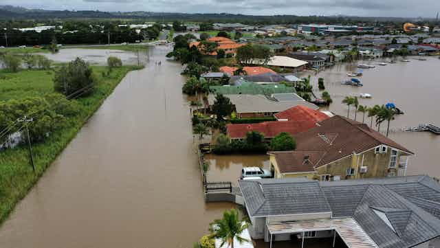 Aerial image of flooding from the Richmond River around the Britton family's home in Ballina, NSW, Thursday, February 23, 2022.3