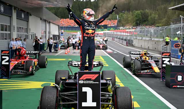 Formula One driver Max Verstappen celebrates.