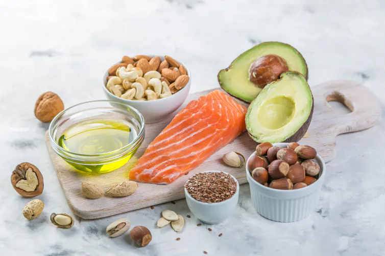 Nuts, fish, avocado, oil