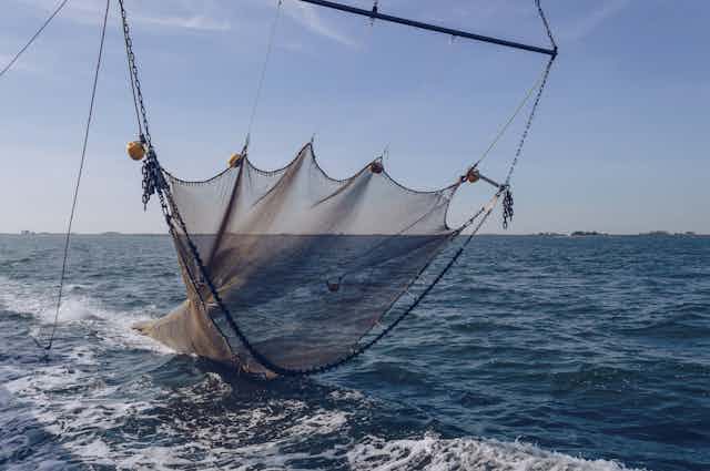 A trawl net suspended above the ocean surface by a winch.