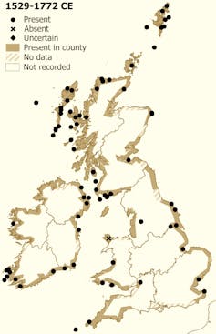 Map recording presence of cod around Britain and Ireland, 1529-1772