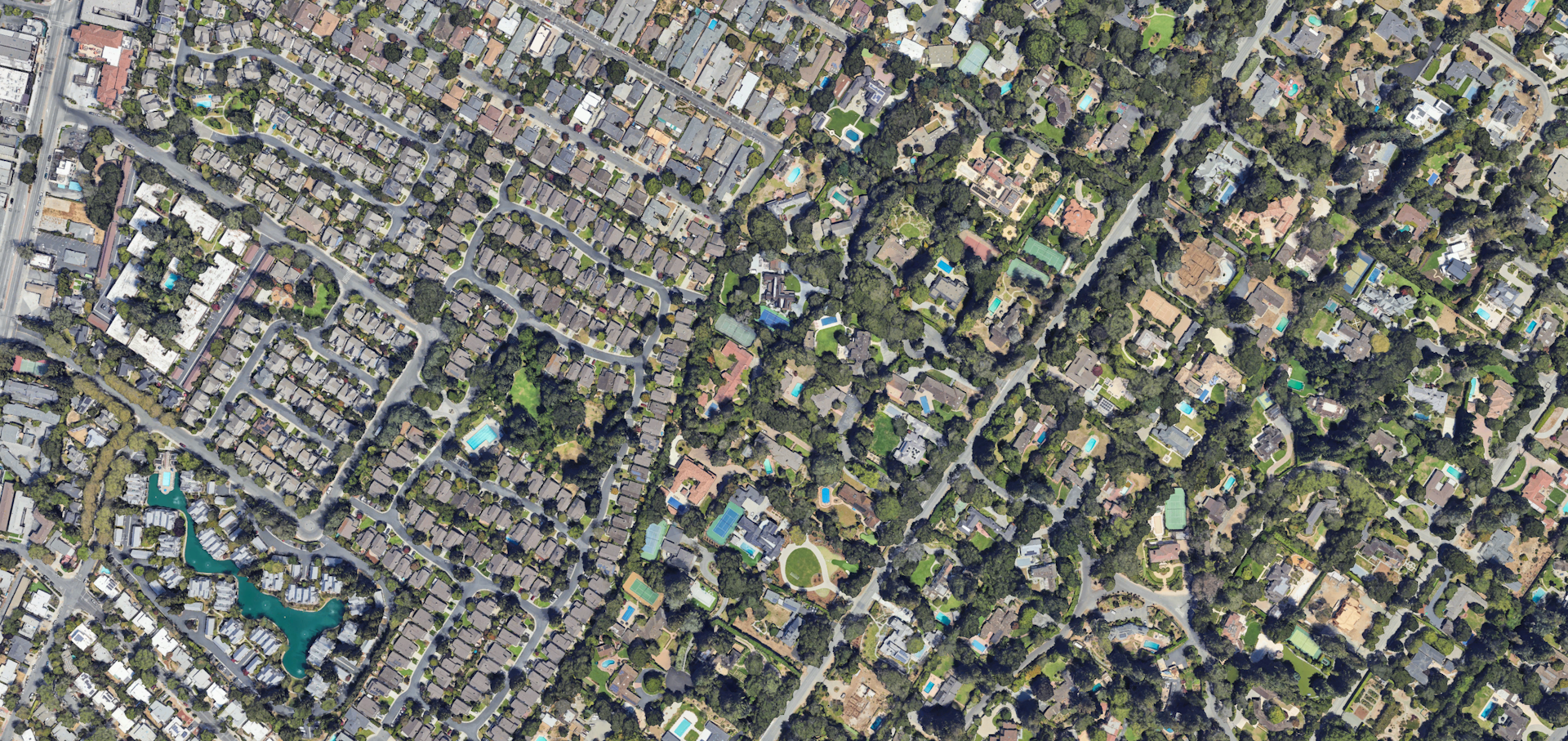 A satellite view shows Atherton's large properties, each of which could fit several home lots from a neighboring community, shown on the left.