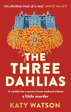 Book cover featuring a hotel and dahlias.