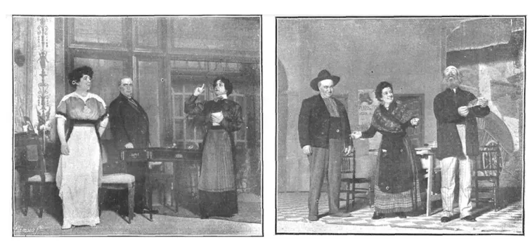 Dos fotografías en blanco y negro de una representación teatral.