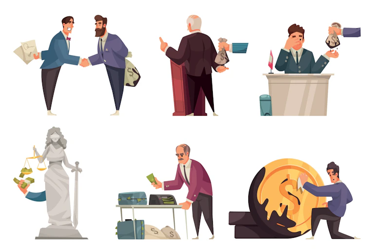A series of cartoons showing public officials being bribed.