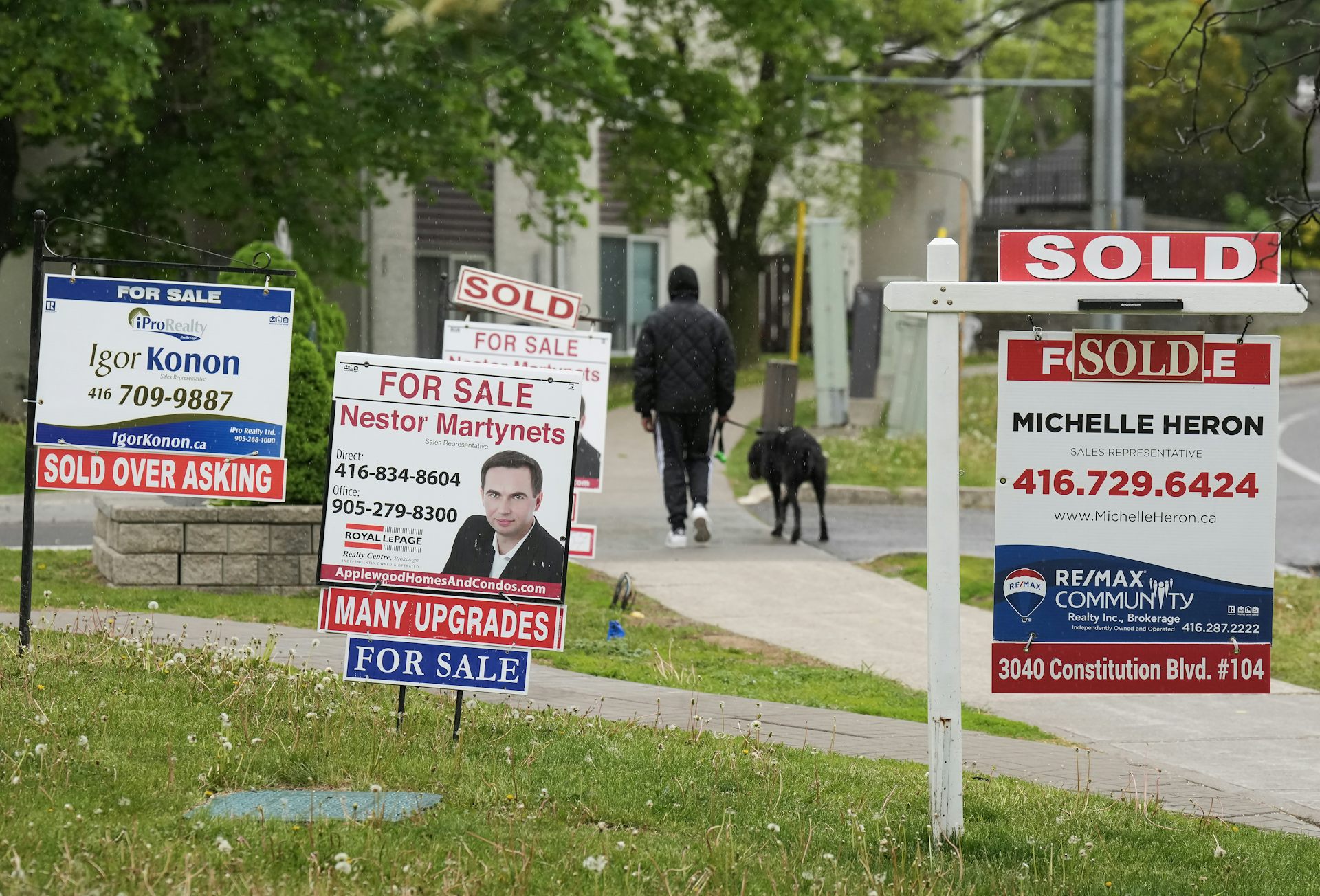 A person in a hooded jacket and track pants walks their dog on a sidewalk lined with real estate sale signs.
