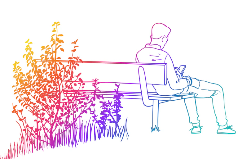Rainbow colored line drawing of man sitting on a bench in front of foliage while looking at his smartphone.