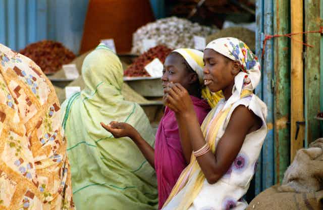 A group of Sudanese women at a shop in Omburman, near Khartoum.