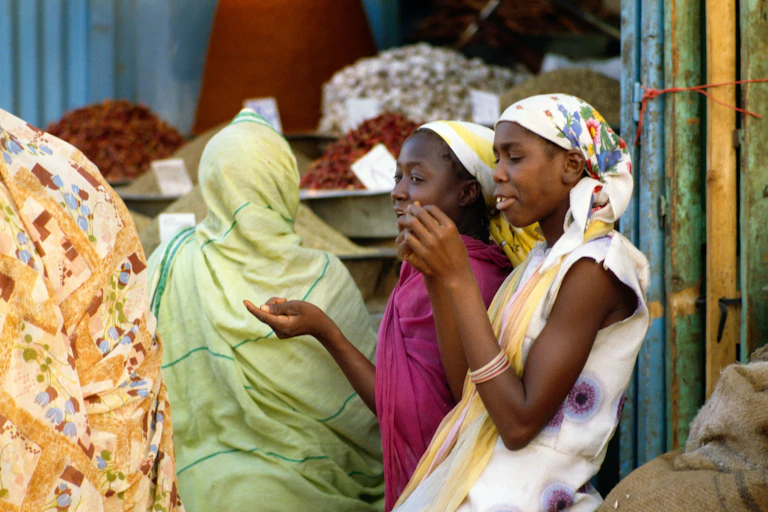 A group of Sudanese women at a shop in Omburman, near Khartoum.