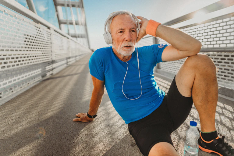 An elderly man, wearing shorts, T-shirt and headphones, sits on the ground under an overhead Sun.