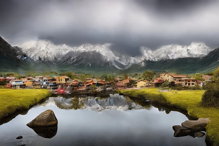 Imagen de un paisaje que parece idílico pero con los edificios derrumbándose sobre un río transparente.