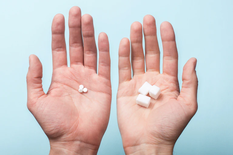Dos manos sosteniendo azúcar y pastillas de dulcorante.