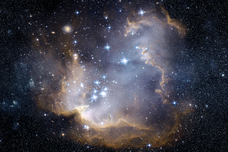 A view from space to a galaxy and stars.