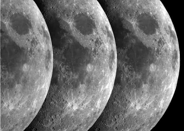 Three overlayed photos of the surface of the Moon