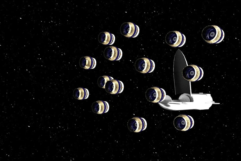 A number of spherical telescopes next to a spaceship.