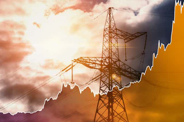 Composite image of a power pylon superimposed with graph of rising power prices